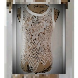 White mesh top sexy shark tooth hem floral Sm